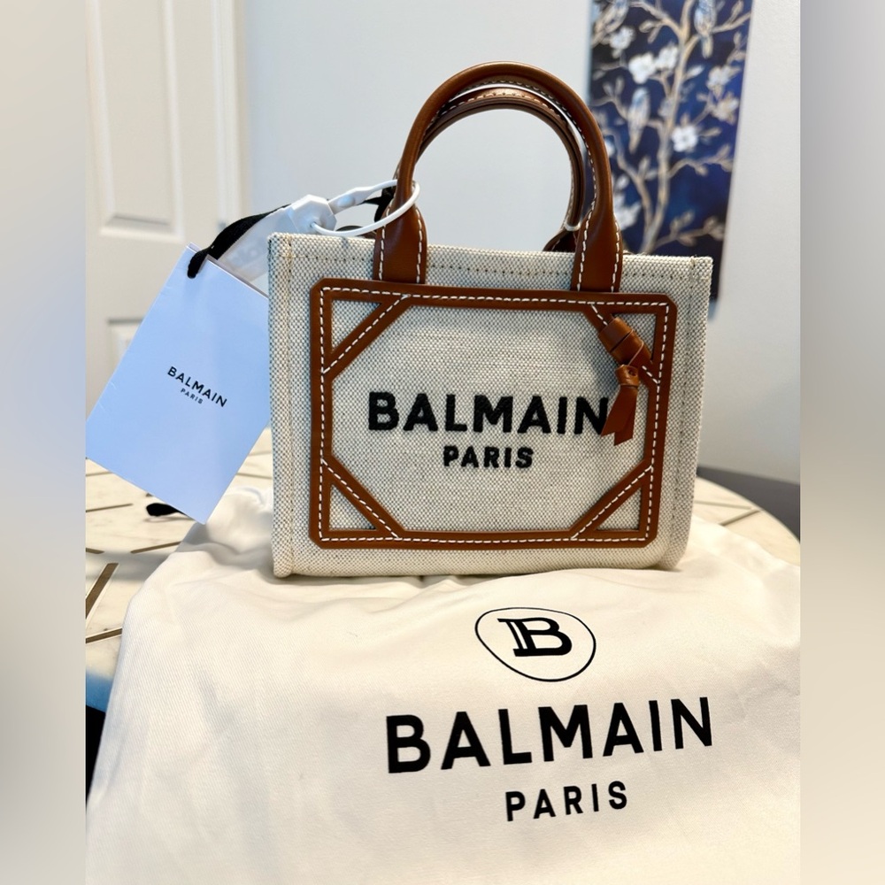 Balmain Cream & Brown Canvas Tote Bag with Leather Accents & crossbody strap